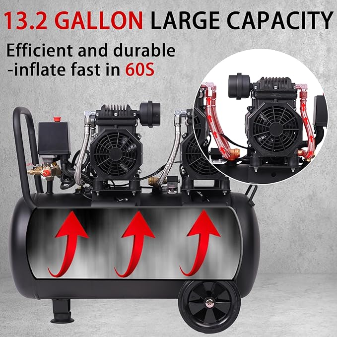 MZB 13.2 Gallon Ultra Quiet Air Compressor 115Psi Steel Tanks Oil Free Air Compressor Ideal for Tire Inflation Pneumatic Tool Spray Painting 72dB Noise Level