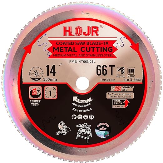 Metal Cutting Circular Saw Blade, Steel and Stainless Steel Cutting, The Cutting Head uses a Special Anti-Heat Sticking Coating with high Finish and Long Life,FMB 14 inch 66-Tooth 1" -TA