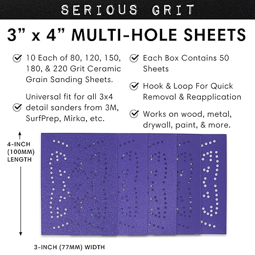 Serious Grit - 3" x 4" Assorted Grit (80-220) Sanding Sheets - Advanced Ceramic Grain - Universal Multi-Hole Design Fits Surfprep, Uneeda, Mirka, 3M - Heavy-Duty Hook & Loop Film-Backed - 50 Pack