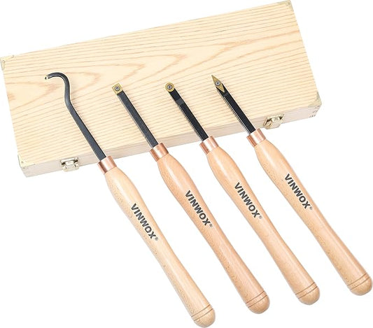 13.5" 4 PCS Carbide Wood Lathe Turning Tool Set, Pen Turning tool, Including Swan Neck Hollower, Rougher, Finisher, Detailer, Titanium Coated Carbide Blades 2X Service Life, Beech Wood Handle
