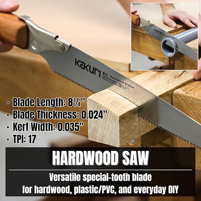 KAKURI Japanese Hand Saw Set - Compact Pull Saw [Rough Cut 8.2", Hardwood 8.2", Pruning 8.2", Bamboo Cutting 8.2"] - Red Oak Handle with Oil Finish, Canvas Carrying Case - Made in Japan