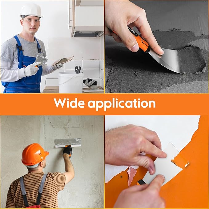 Drywall Tools, 8Pcs High Quality Stainless Steel Drywall Knife Set, Putty Knives with Mud Pan, Ergonomic Grip Tapping Knife with Hammer End for Wall Work