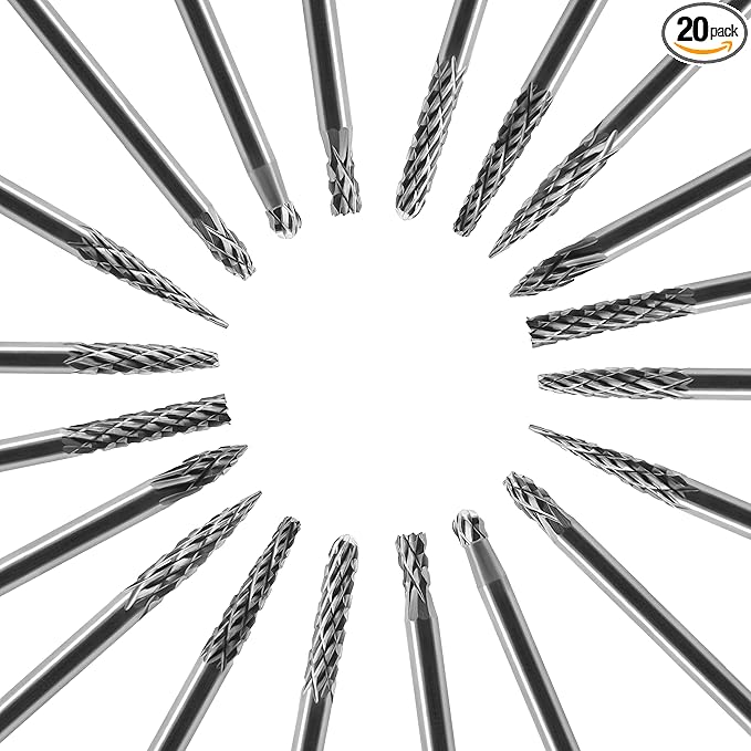 Tungsten Carbide Burr Set 1/8 (3 mm) Shank, Die Grinder Bits, 20 PC Cutting Burr Bits, Carving Bits for Dremel, Double Cut Rotary Burr Set for Metall Carving, Engraving, Drilling, Polishing