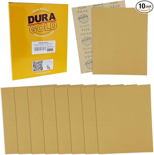 Dura-Gold Premium 9" x 11" Gold Sandpaper Sheets, 220 Grit (Box of 10) - Wood Furniture Woodworking, Automotive Paint, Full-Size Cut to Use on 1/4, 1/3, 1/2 Sheet Finishing Sanders, Hand Sanding Block