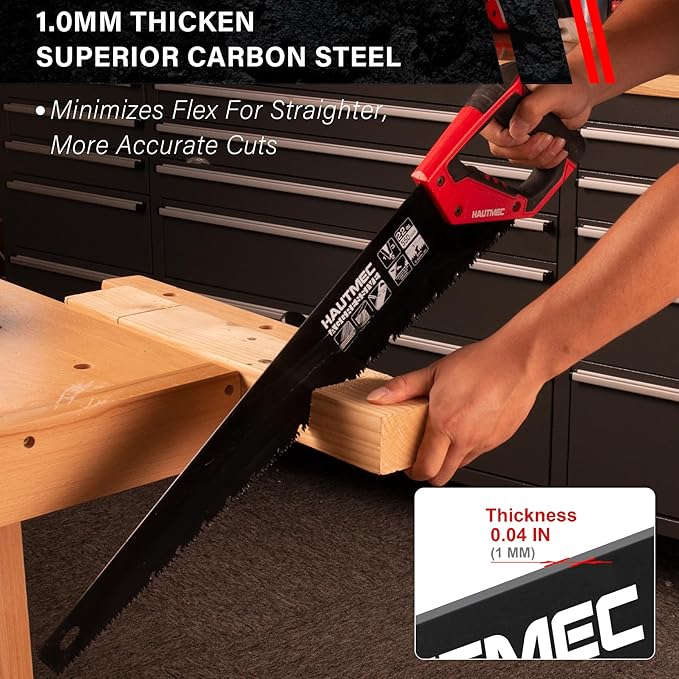 HAUTMEC 22" Aggressive Hand Saw with Chip Removal Design, Heavy-Duty Wood Saw with 9 TPI Triple-Ground Teeth, Rust-Proof Low-Friction Blade & Ergonomic Handle for Labor-Saving & Fast Cutting - HT0026