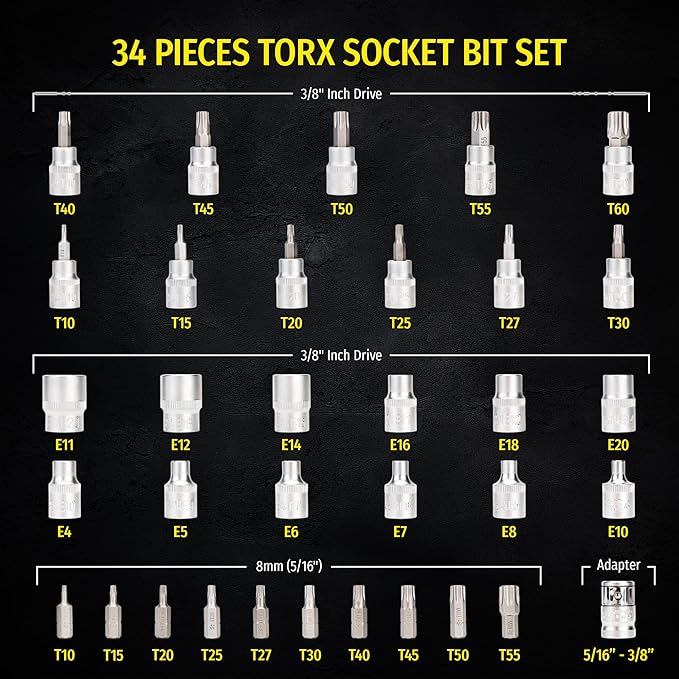 PRADE&CARFT Torx Star Socket Bit Set 34 Pieces | 3/8 Inch Drive Bit Socket Set|S2 Alloy Steel | Tamper Proof Trox Bits | E-Torx(Star) Sockets