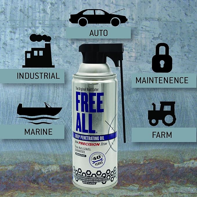 Free All Rust Eater Deep Penetrating Oil,11oz Precision Straw, Loosens Rusted Bolts, Nuts, Pipe Connections & Locks, Industrial-Grade Rust Remover, Silicone-Free Formula, Safe on Paint & Plastics