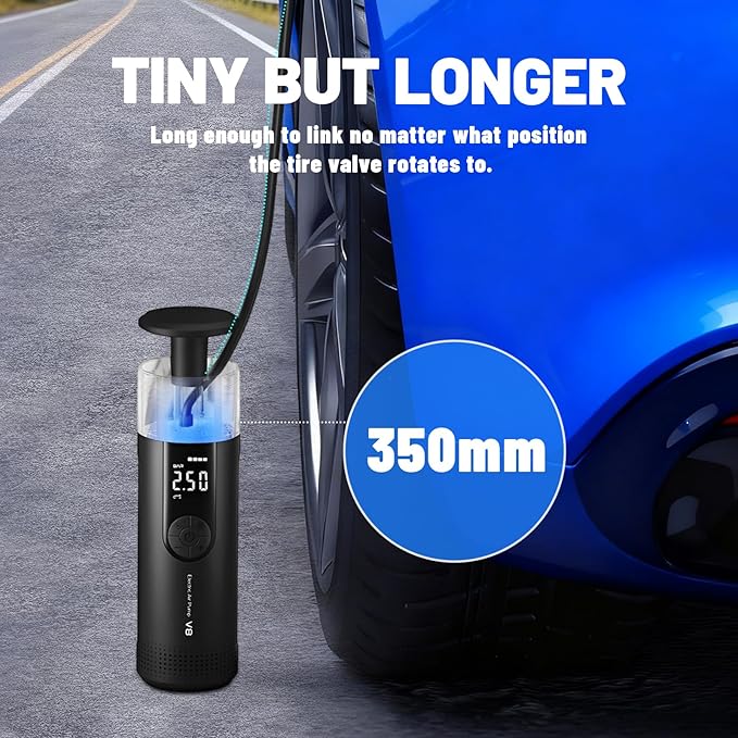 V8 Tire Inflator, Portable Air Compressor - Cordless Mini Car Pump, 150 PSI High Pressure.Built-in Nozzle & Hose Storage Design (No Need Carry Bag) Extreme Convenience LED Lights, Motor, Bikes