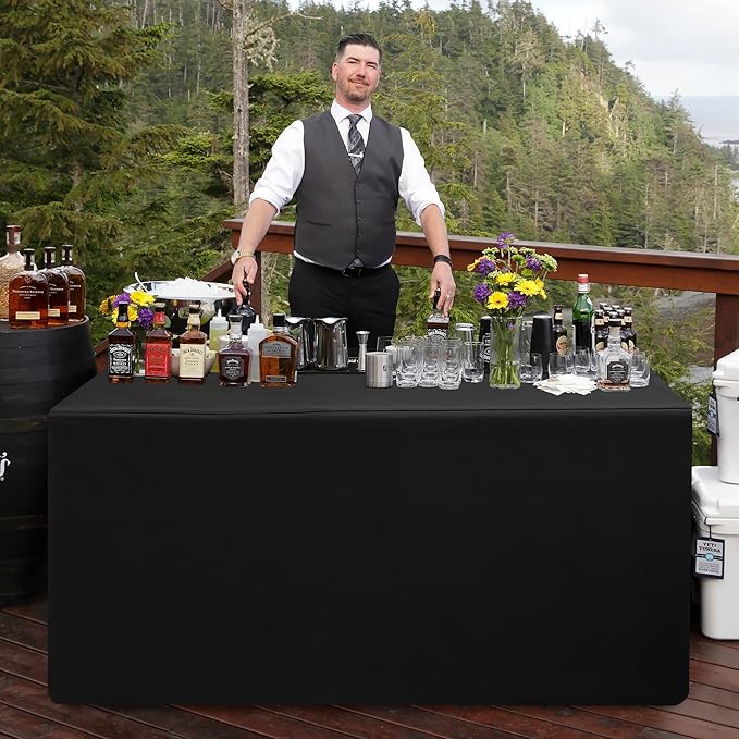 HolidayIdeas 2 Pack Fitted Table Covers Rectangle - 96 x 30 Inch - Black Linen Textured Tablecloths for 8 Foot Tables, Fabric Tableclothes for Party, Wedding, Trade Show
