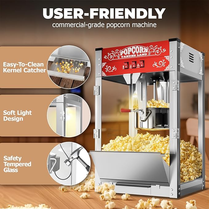 20 Oz Commercial Popcorn Machine, 1440 W, Movie Theater Popcorn Machine, Red Tabletop Pop corn Machine with 3-Switch Control & Steel Frame Tempered Glass Doors