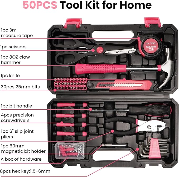 50-Piece Pink Tool Set for Women, Household Small Tool Set with Storage Toolbox for Home Repairs, Hand Tool Kit for College, Dorm, Office