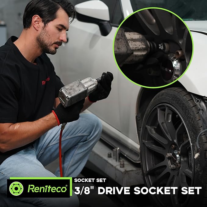 56-Piece 3/8" Drive Socket Set, SAE (5/16"-3/4") & Metric (8mm-22mm), Deep & Shallow, Ratchet Handle, Extension Bars, Adapter, Universal Joint, Power Drill Adapters, Spark Plug Sockets, CR-V
