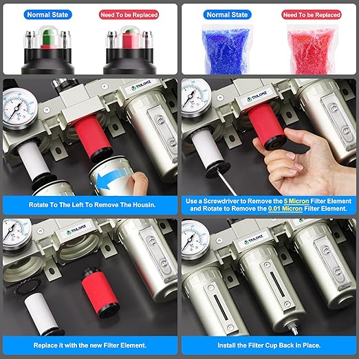 TAILONZ PNEUMATIC 0-240PSI 1/2 Inch NPT Industrial Grade 4 Stage Air Drying System, Double Particulate Filter, Coalescing Filter, Desiccant Dryer and Air Regulator (Manual Drainage)