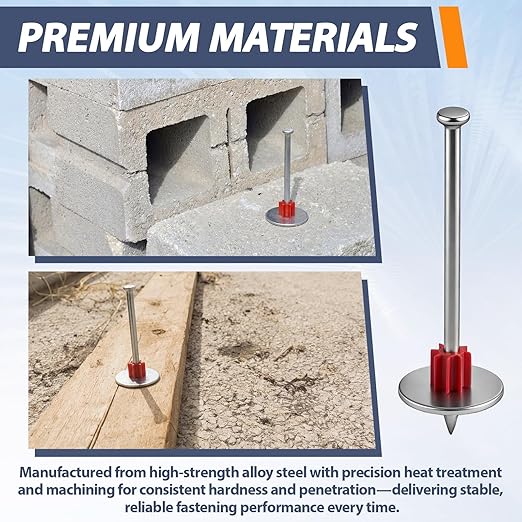 200 Pcs 3" Powder Actuated Fasteners, Sturdy Steel Drive Pins with Red Anti-jam Flute and 1" Washer for Concrete Steel, Fits Most Powder Actuated Tools