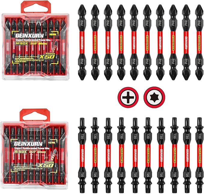 Impact Double End Screwdriver Bit Set, 20Pcs 2.56 In.Reversible Power Driver Bits, Magnetic S2 Steel Two Sides PH2/T20/T25 Screwdriver Bit Tips Set with Storage M-Box