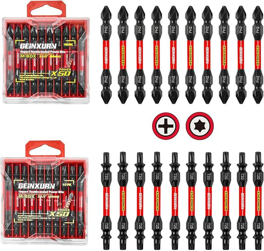 Impact Double End Screwdriver Bit Set, 20Pcs 2.56 In.Reversible Power Driver Bits, Magnetic S2 Steel Two Sides PH2/T20/T25 Screwdriver Bit Tips Set with Storage M-Box