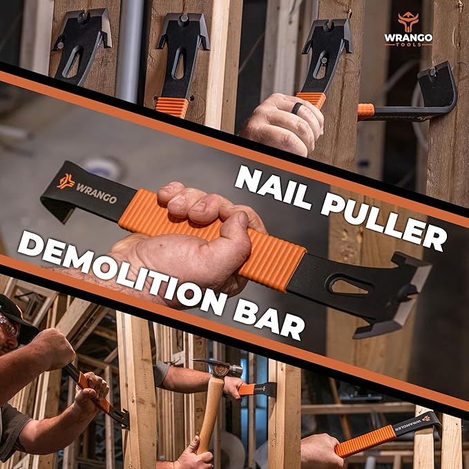 Wrango Tools 15" Flat Bar Pry Bar - Heavy Duty Crowbar with Nail Puller - High Carbon Steel with Soft Shock Absorbing Grip & Wide Winged Ends - Demolition Tools for Home Improvement & Construction