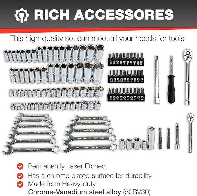 122Pcs 1/4" & 3/8??Drive Impact Socket Set, Ratchet Socket Wrench Set with Extention Bar, Adapter, Screw Bits,Drive Bit Holder, Spark Plug Socket,CR-V