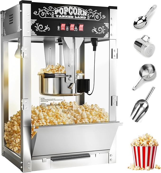 16 Oz Commercial Popcorn Machine, 1440 W, Movie Theater Popcorn Machine, Black Tabletop Pop Corn Machine with 3-Switch Control & Steel Frame Tempered Glass Doors