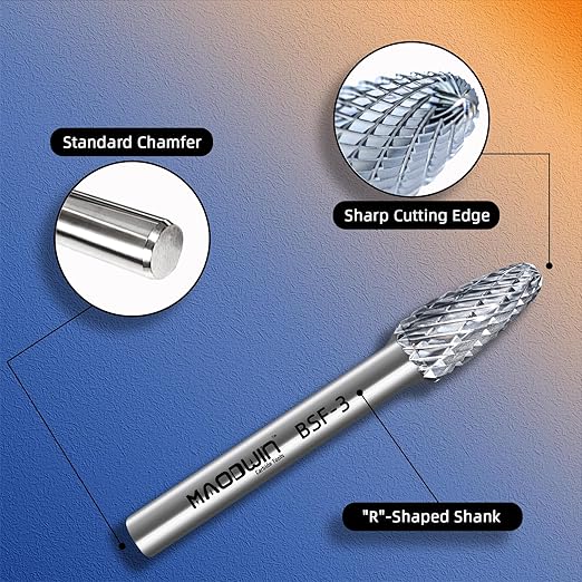 SF-3 Double Cut Carbide Rotary Files 3/8" Cutting Diameter 3/4" Cutting Length 1/4" Shank Carbide Burr Bits for Multi-Surface Grinding, 3D Carving & Complex Contouring