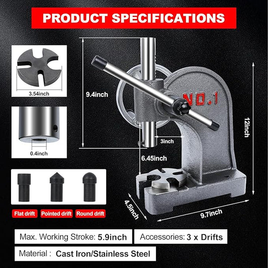 hightall 1 Ton Arbor Press,Handwheel & Long Lever Operation | Cast-Iron Frame, Stainless Steel Ram | 3 Drifts (Flat/Pointed/Round), 5.5" Max Height, Table-Mountable for Metal Stamping, Leathercraft