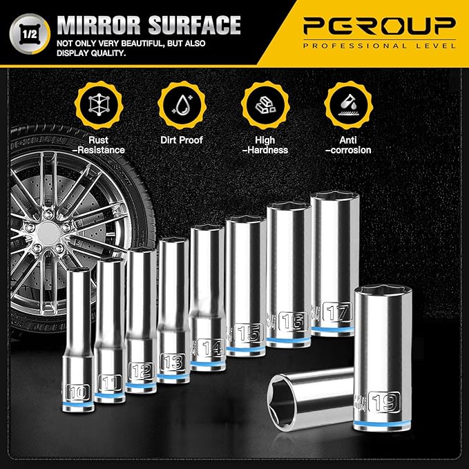 10PCS 1/2??Drive Deep Socket Set, Metric (10mm-19mm), 6-Point, Cr-V Steel, Chrome Plated Socket With Hanging Bracket, Cover Most Commonly Sizes