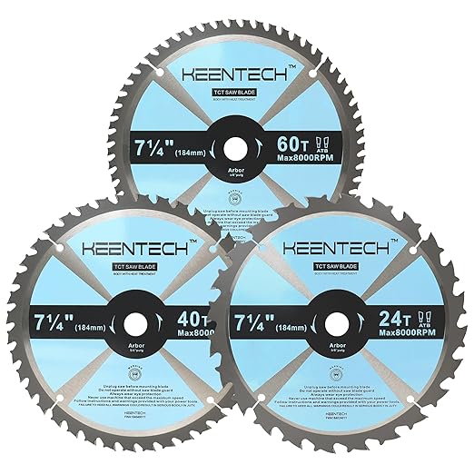 KEENTECH 7-1/4 Inch 24T + 40T + 60T Versatile Circular Saw Blade Set, Tungsten Carbide Tipped, ATAF Grind, 5/8 Inch Bore with Diamond Knockout