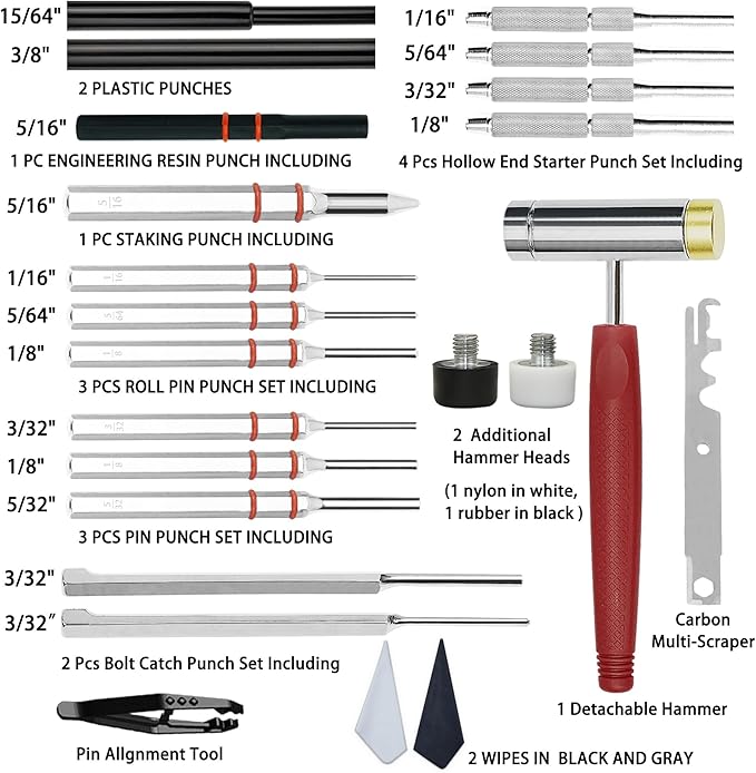 BESTNULE Roll Pin Punch Set, Punch Tools, Made of Solid Material Including Steel Punch and Hammer, Ideal for Machinery Maintenance with Organizer Storage Container (Without Bench Block)
