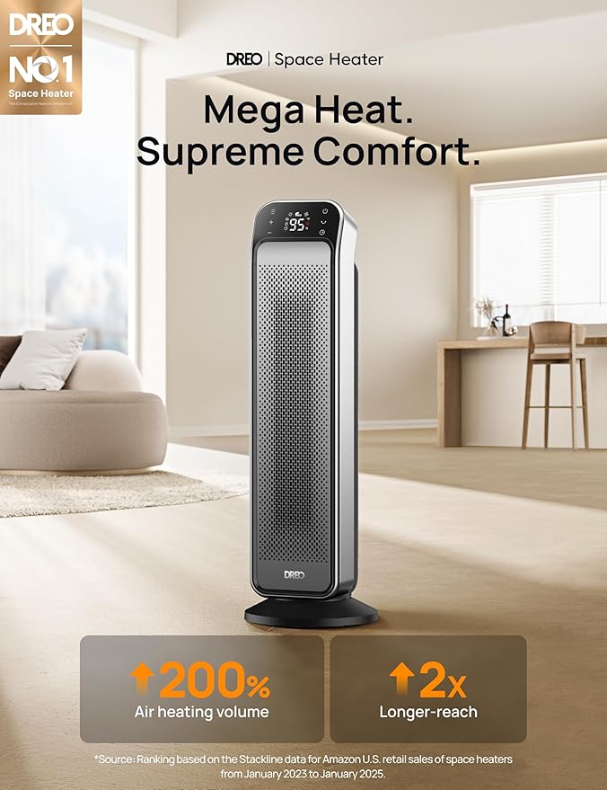 Dreo Space Heater Indoor, 25" 11.5ft/s Fast Portable Room Heater with Remote and Thermostat, 3 Modes, Overheating & Tip-Over Protection, Electric Heaters for Indoor Use Large Room, Bedroom, Silver