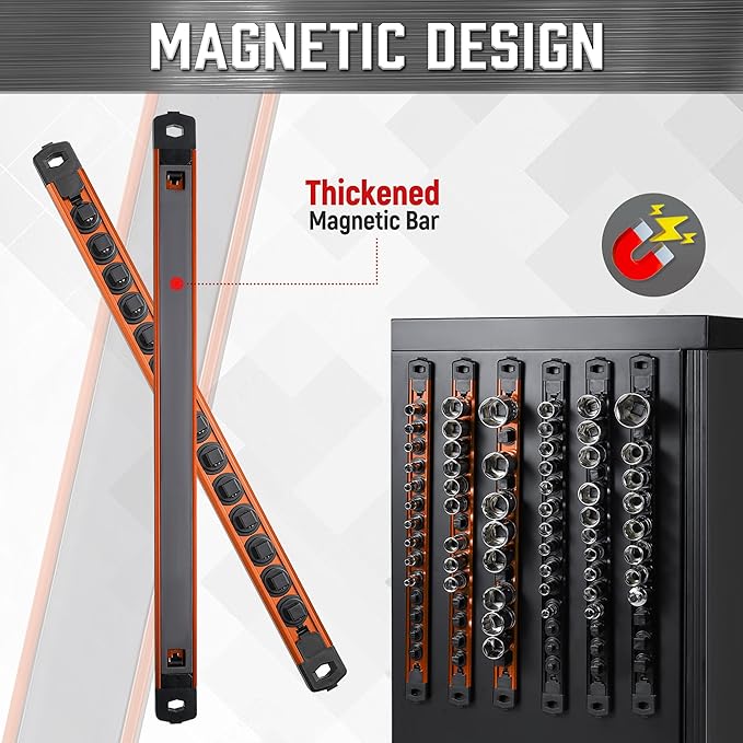 ALOANES 6-Piece Magnetic Socket Organizer, Heavy Duty Aluminum Socket Rails Organizer, 360째 Swivel Clips Socket Holder Kit for Tool Box, 1/2, 3/8, 1/4-Inch Socket Holder x 80 Clips (Orange)