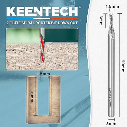 KEENTECH 3mm Shank Downcut 2 Flute Flat Tip Sprial Router Bit for CNC Router Machine, 1.5mm Cutting Diameter, 6mm Cutting Depth, for Wood Cutting, Custom Furniture, Slot Mortise, Engraving, Carving