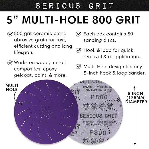 Serious Grit 5-Inch 800 Grit Ceramic Multi-Hole Hook & Loop Sanding Discs - Advanced Grain for Fast Cutting & Long Life - Film-Backed Universal Fit Sandpaper for 5-in Sanders - 50 Pack Box