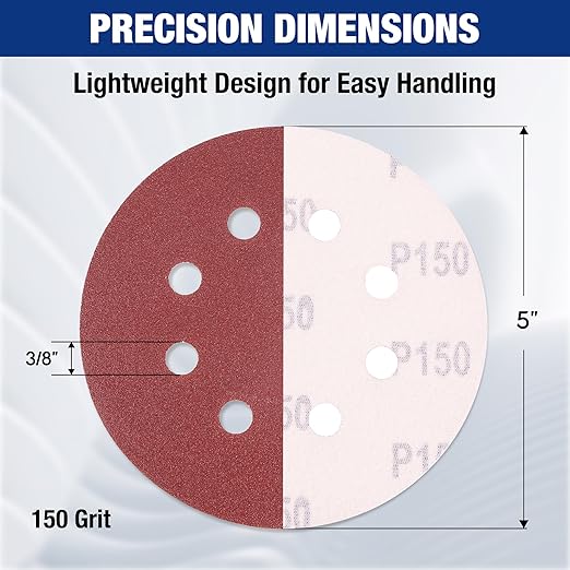 WORKPRO 150-Piece 150 Grit Sanding Discs - 5-Inch 8-Hole Hook and Loop Sandpaper for Random Orbital Sander (Not for Oscillating Tools or Mouse Sander)