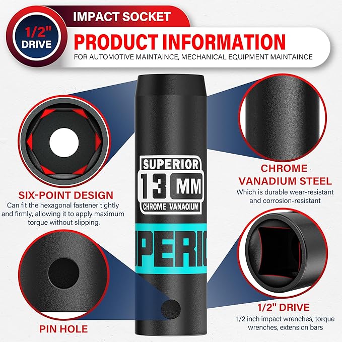1/2" Drive Impact Socket, 13 mm Deep Socket, Metric, 6 Point, CR-V, for Automotive Maintaince, Mechanical Equipment Maintaince