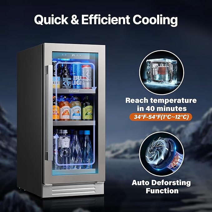 Ca'Lefort 15 Inch Beverage Refrigerator - 100 Can Small Beverage Fridge, Drink Fridge Glass Door 3 LED 34째F -54째F Beverage Cooler Built-in or Freestanding, Perfect for Home/Kitchen(3.0 cu.ft)
