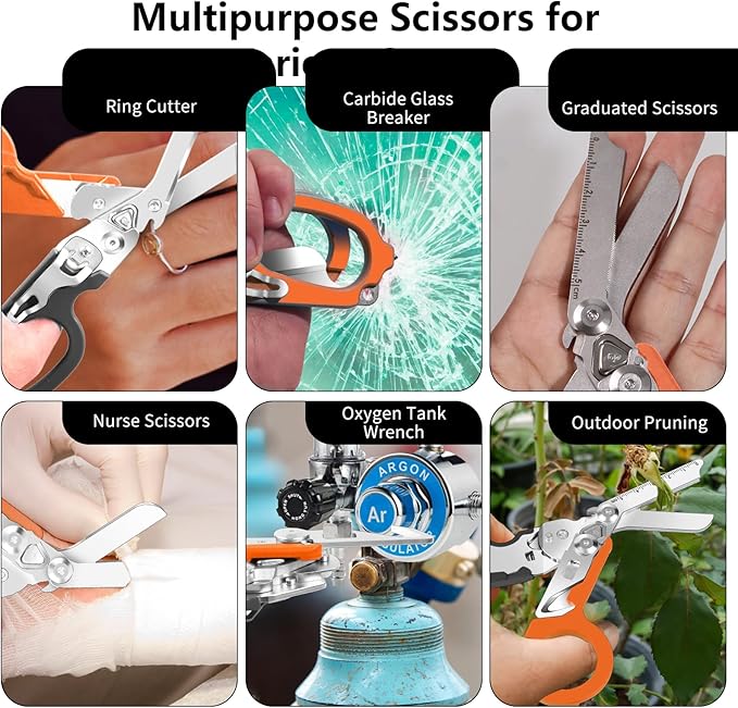 6 In 1 Multi-function Trauma Shears Foldable with Compatible Holster and Penlights,Emergency Trauma Shears with Strap Cutter and Glass Breaker for Outdoor Medical Scissors Tools Black+Orange