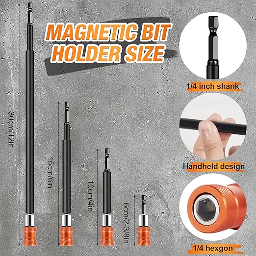 4Pcs Magnetic Drill Bit Extension Set 2-3/8", 4", 6", 12" with Aluminum Sleeve, 1/4 Inch Hex Shank Quick Release Extension Adapter Screwdriver Locking Bit Holder Extender (ORANGE)