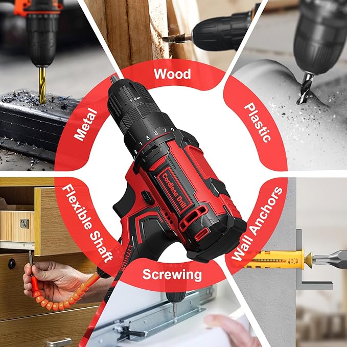 Cordless Drill Set, VIWKO 20V Power Drill with Power Pack 2.0Ah and Charger, 3/8-Inch Keyless Chuck Electricdrill, 25+1 Torque, 42pcs Drilldriver Bits/Screws for DIY Projects (Red)