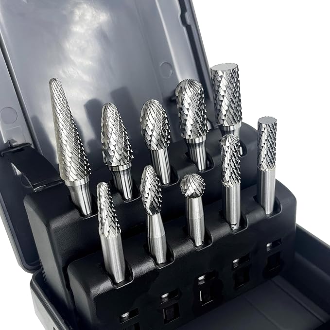 Premium-Grade Die Grinder Bits Tungsten Carbide Burr Set 1/4 Shank 10-PC Double Cut Rotary Cutting Burr Bits for Metalworking, Steel, Wood, Grinding, Carving, Engraving By LU&MN