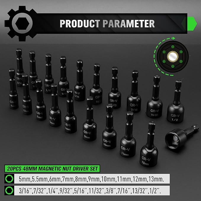 20-Piece Magnetic Nut Driver Set, Metric & SAE 1/4" Hex Shank, Drill Socket Set, Impact Driver Bit Set, Magnetic Bit Holder with Aluminum Alloy Snap Clip, Quick Change Tool