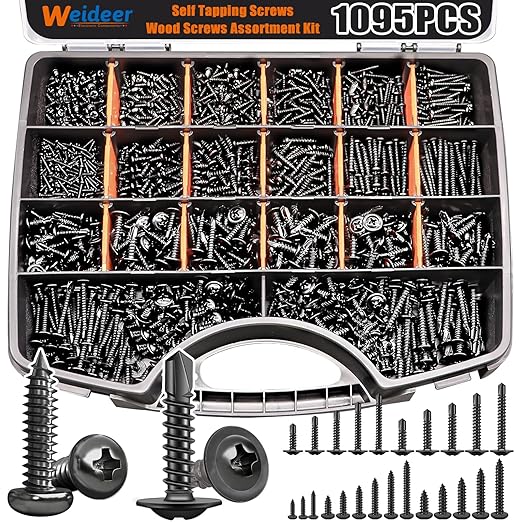 weideer 1095pcs Self Tapping Screws for Metal, #8#10 M2 M3 M4 410 Stainless Steel Screws Assortment Kit Black Oxide Truss Head and Phillips Pan Head Metal Screw
