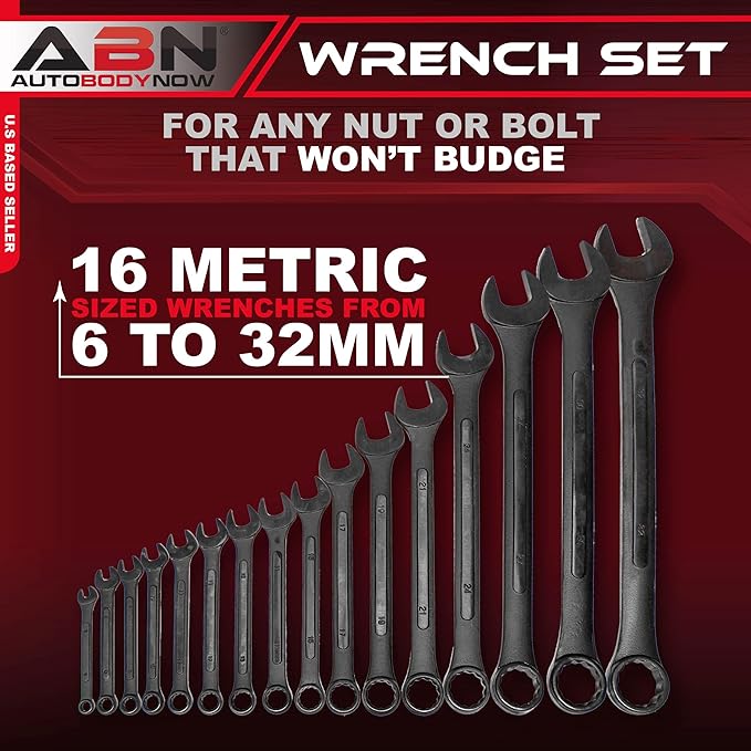 ABN Combination Wrench Set ??16 Pc Raised Panel Metric Wrench Set with Wrench Roll Up Pouch, Black Spanner Wrench Set