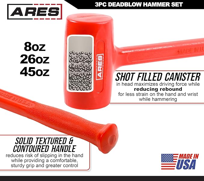 ARES 4131004 – 3-Piece Deadblow Hammer Set - Heavy Heads for Powerful Striking Force – Made in USA Tools for Automotive, Body Work, and Construction