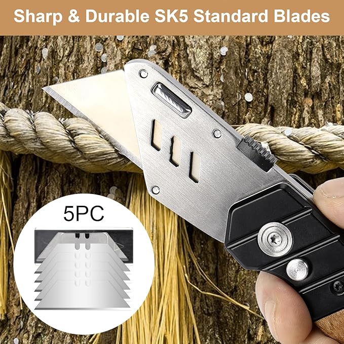Harita Utility Knife Box Cutter with Belt Clip, Extra 5 pack refilled Blades and Wood Handle Heavy Duty Cutter, Quick-change & Safety Back Lock