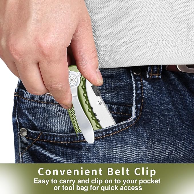 Box Cutter Heavy Duty Utility Knife, Razor Knife, Lightweight Aluminum Handle, Back-lock Mechanism, Stainless Belt Clip, for Carpet, Carton, Box, Cardboard, with 5-piece Extra Blades, Olive Green