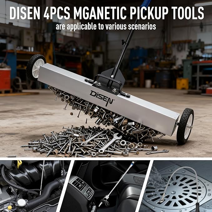 DISEN 36-Inch Rolling Magnetic Sweeper with Wheels 40-Inch Telescoping Adjustable Handle 55-Pound Capacity with 3 Pack Telescoping Magnet Pick-up Tool Set Heavy-Duty Magnet to Pick Up Nails