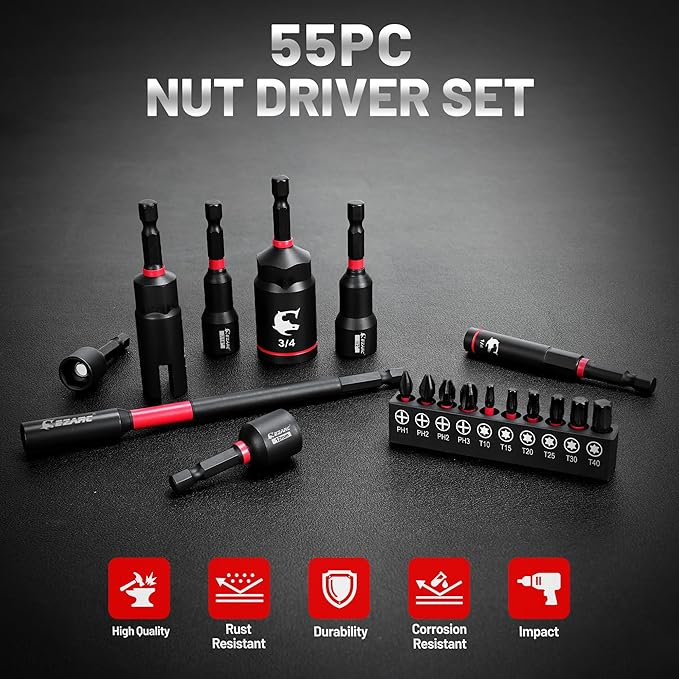 EZARC 55PCS Magnetic Impact Nut Driver Set, 1/4" Hex Shank Socket Adapter with Deep & Shallow Sockets, Wing Nut Setter, S2 Bits & Extension - Compatible with Impact Drills/Wrenches