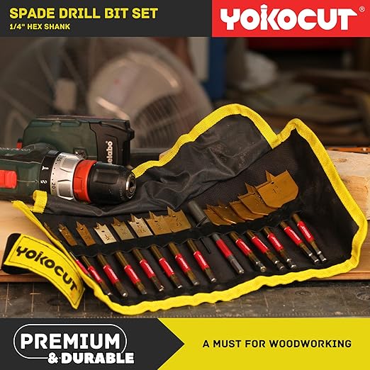 Spade Drill Bit Set, 13pcs Paddle Bits in SAE, 1/4 Hex Shank Flat Wood Bits for Woodworking, 1/4" to 1-1/2" Spade Bits for Wood with Nylon Storage Pouch