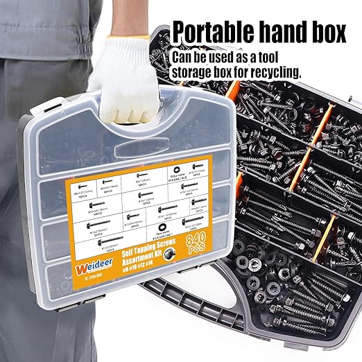 weideer 840pcs #8#10#12#14 Self Tapping Screws for Metal,410 Stainless Steel Screws Assortment Kit, Black Hex Washer Head Quick Tapping Screw with Rubber Washer (420 Sets) K-189-BK