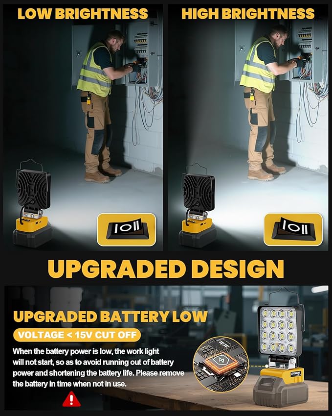 LIVOWALNY Cordless LED Work Light Compatible with Dewalt 20v Battery, 70W 7000LM Flashlight Portable LED Flood Battery Light with USB A & USB C Charging Output Port for Emergency Outdoors and Job Site